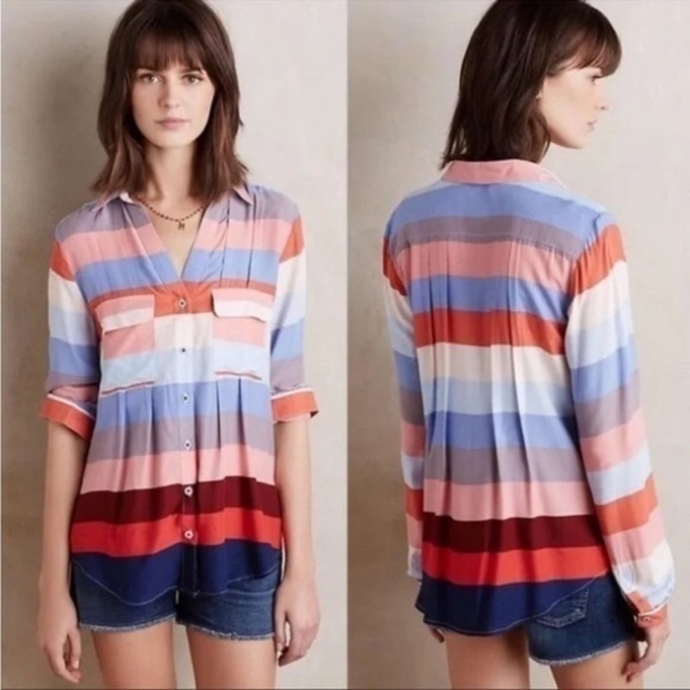 Anthropologie Maeve Wynwood Color Block Long Sleeve Button Down Top
